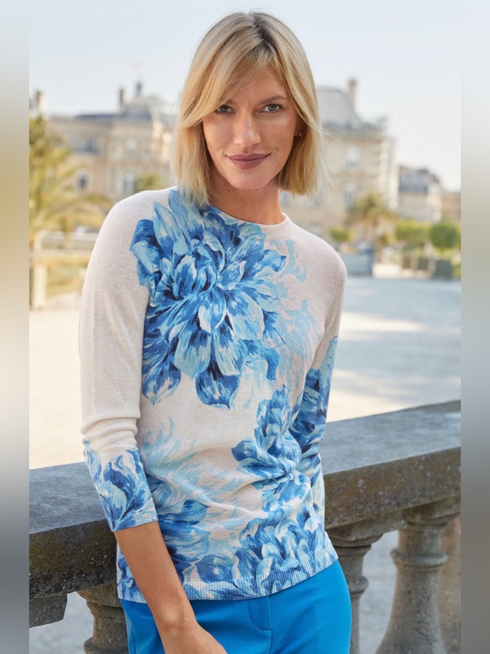 Talbots Audrey Cashmere Sweater XS Pretty Peonies Ivory Blue Floral Coastal